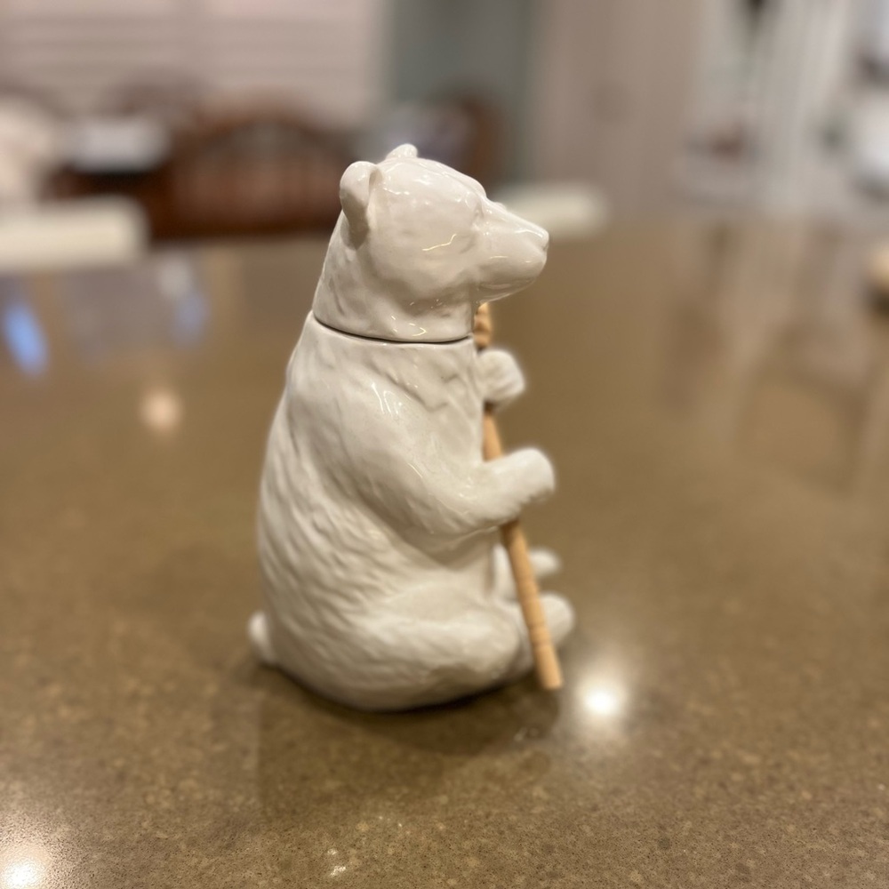 White Ceramic Bear Honey Jar Holding Bamboo Honey Dipper - Creative Co-Op. - Picture 4 of 8